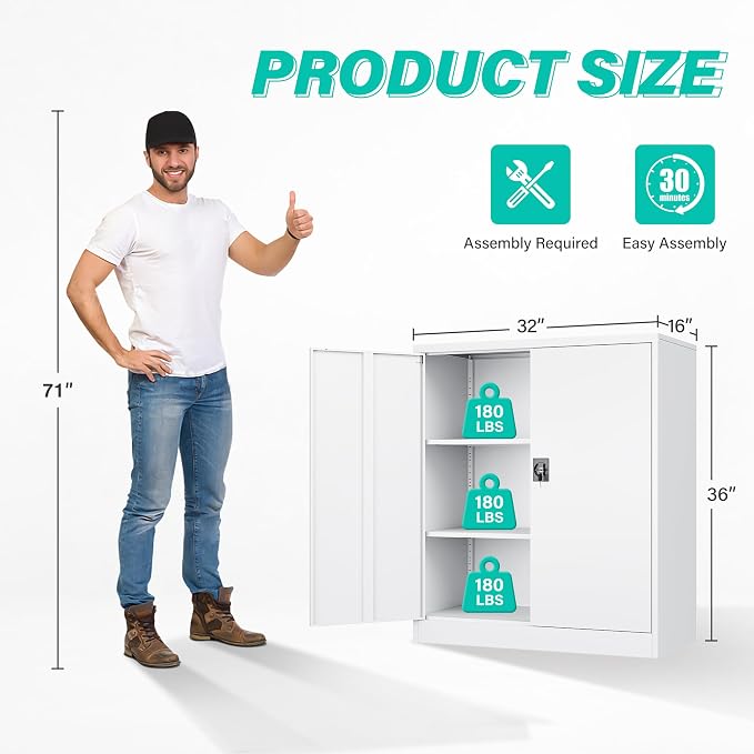 Small Metal Cabinet with Shelves,36 inch Garage Storage Cabinet with Lock,White Metal Storage Cabinets with Locking Doors,Lockable Office File Cabinets for Home,Office,Shop,Garage