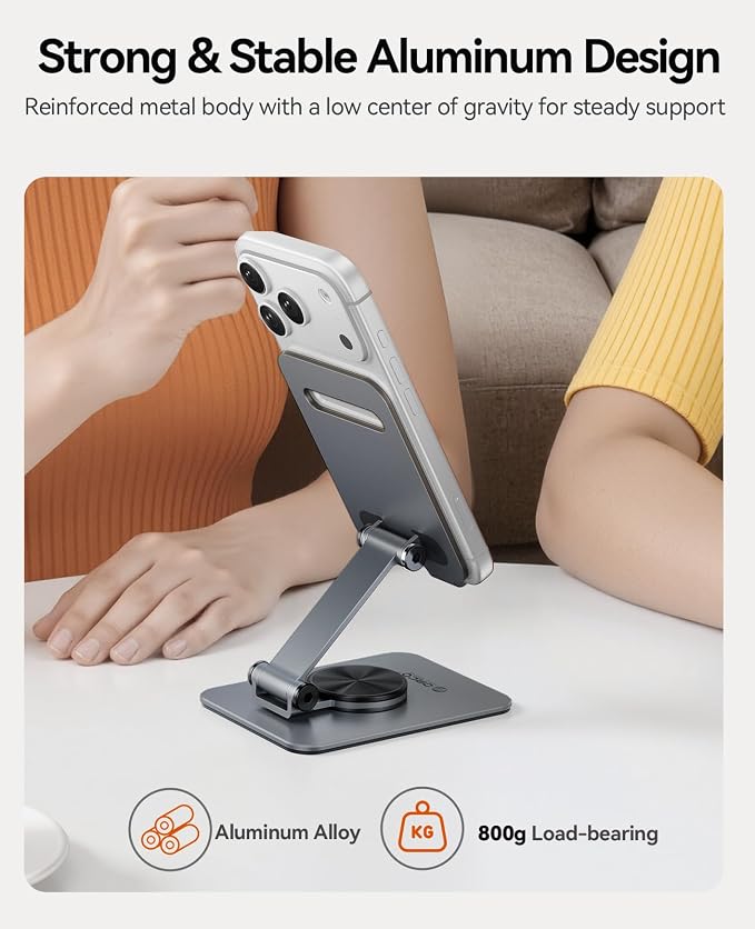 ORICO Aluminum Phone Stand for Desk, Adjustable Metal Phone Holder with Stable Support and Smooth 360° Rotation for Smartphones up to 6.9 Inches – Gray (PS2)