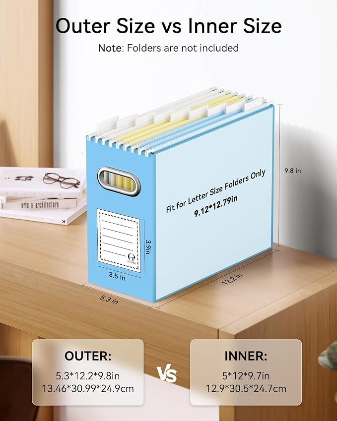 Portable Collapsible Cardboard File Box with Handle for Letter-Size | 2-Pack. Stainless Steel Handle. Label Stickers Included. Fits Letter Folders (Not Included). Home, Office, School, Dorm, Tax.