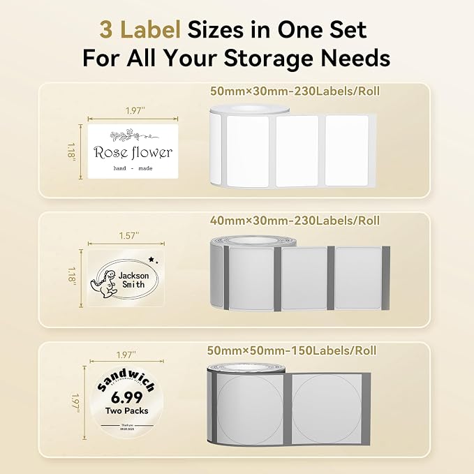 NIIMBOT 3Rolls Thermal Label Tape for B1/B2/B21/B31/B3S/K3 Label Maker | Multi-Size Pack, 50x30mm White, 40x30mm Clear, 50x50mm Round | for Address, Jar, Gift, Logo & File Organization Stickers