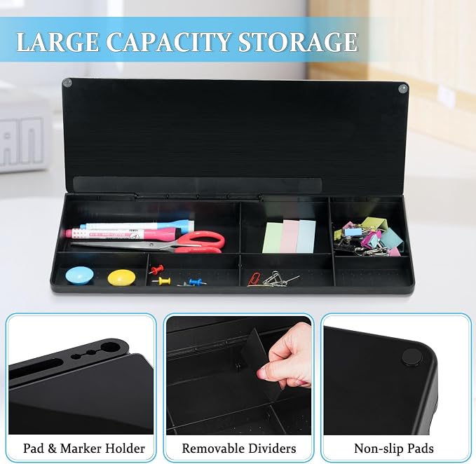 DOLLAR BOSS Glass Desk Whiteboard Small Dry Erase Board, All Black | Desktop White Board with Storage Drawer, Computer Keyboard Stand, Desk Organizer, Office Supplies, With Markers, Rag