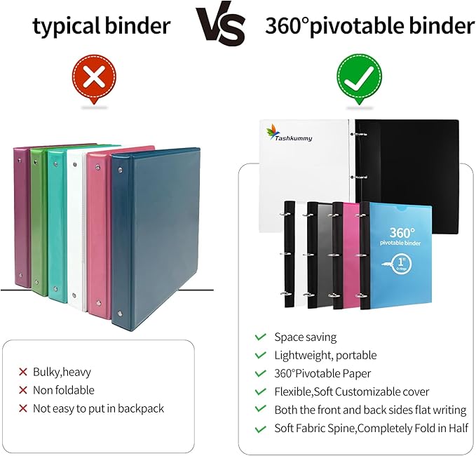 360 Degree Pivotable Binder, Upgraded 3 Ring Binder 1 inch, Flexible Binders 3 Ring, Foldable Three Ring Binders- Black