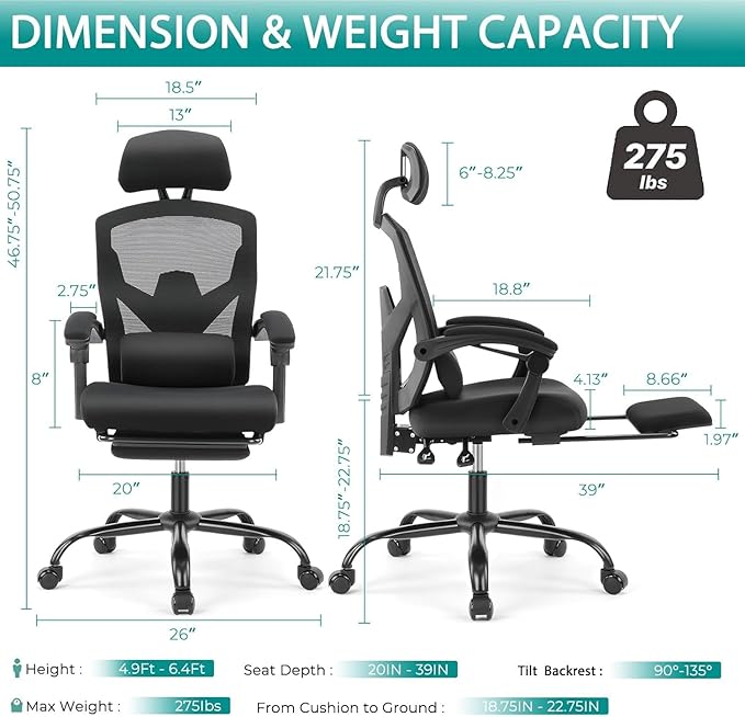 DUMOS Home Office Desk Chair with Footrest, High-Back Mesh Rolling Swivel Reclining Chairs with Wheels, Comfortable Headrest, Lumbar Support, Comfy Arms for Home, Office, Gaming, Student, Inky