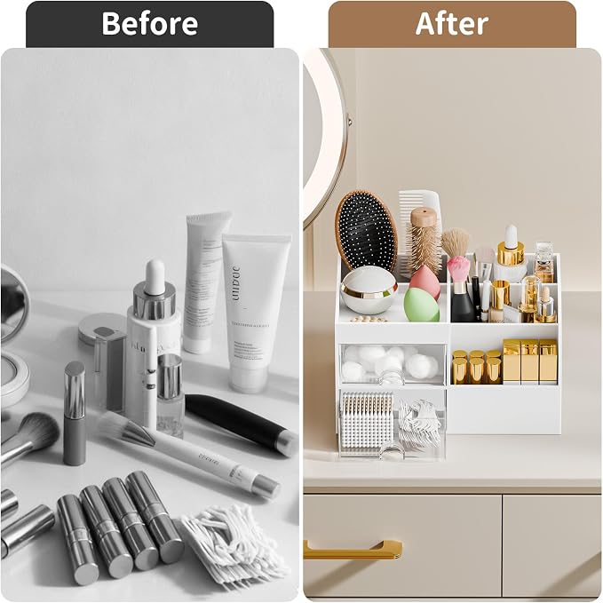 Makeup Organizer with 2 Drawers, Makeup Organizers Countertop for Vanity and Bathroom, Make up organization and Skincare Storage with Brush Holder, for Dresser, Desktop, Cosmetic Display Case (White)