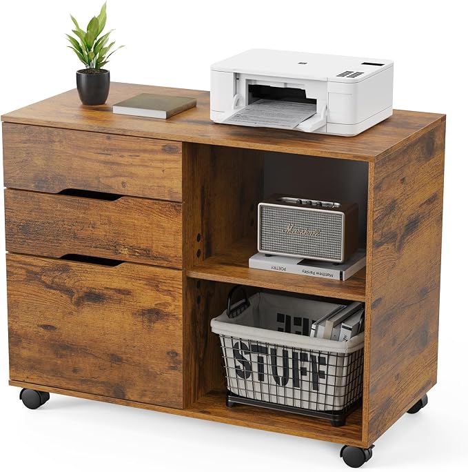 OLIXIS 3 Drawer Lateral File Cabinet, Rolling Printer Stand with Storage | Mobile Filing Cabinet Fits Under Desks, Holds A4/letter Files with Hanging Frame and Lockable Wheels, Brown