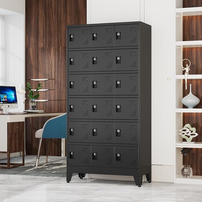 Metal Lockers for Employees-18 Doors Storage Locker with Shelves and Lockable Steel Cabinet for School,Gym,Office,Staff,Assembly Required,Black