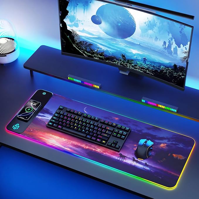 Mouse Pad Gaming Wireless Charging, 800x300x4mm Extended Desk Mat with 10 RGB Light Modes, Non-Slip Rubber Base, Waterproof Computer Keyboard Mat for Gamer, PC, Laptop, Office, Twilight Blue-Purple