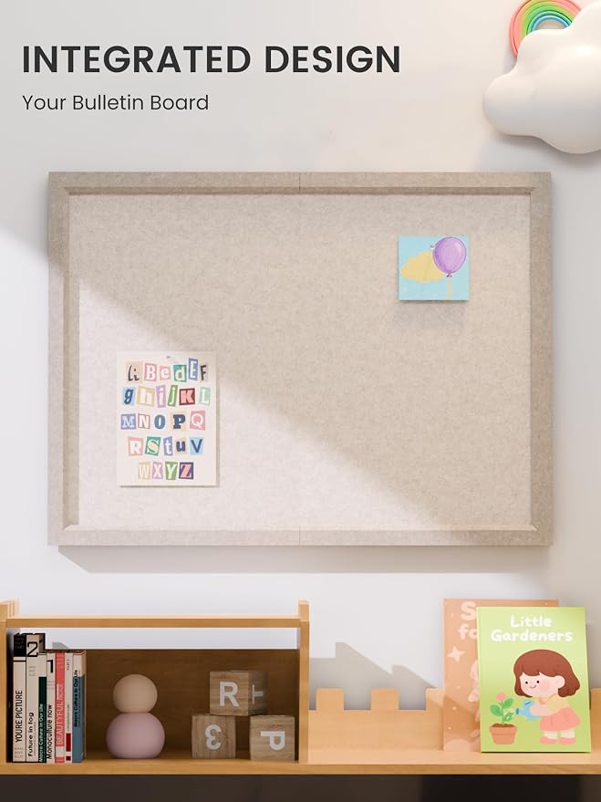 Fluxynara 23.6" x 17.1" Felt Frame Bulletin Board, Oatmeal | Cork Board Alternative with 12 Removable Adhesive Tabs, Foldable Pin Board for Wall, Home, Office, Classroom & Dorm