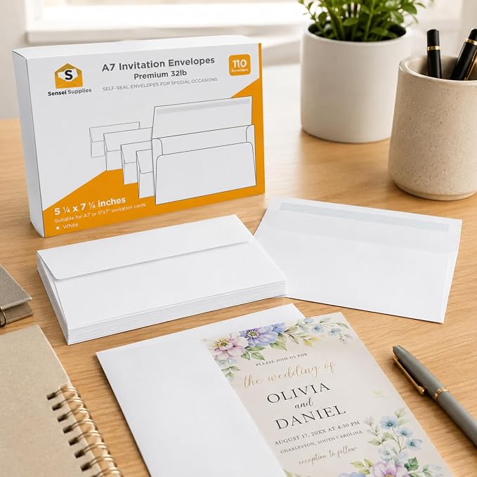 5x7 Envelopes for Invitations - 110 White Envelopes for 5x7 Cards - A7 - (5 ¼ x 7 ¼ inches) - Perfect for Weddings, Graduation, Baby Shower - 120 GSM - Peel, Press & Self Seal - Square Flap