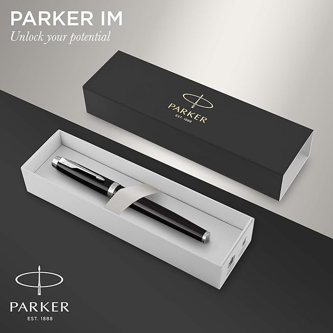 PARKER IM Rollerball Pen, Black Lacquer Chrome Trim with Fine Point Black Ink Refill, Gift Box (1931658)