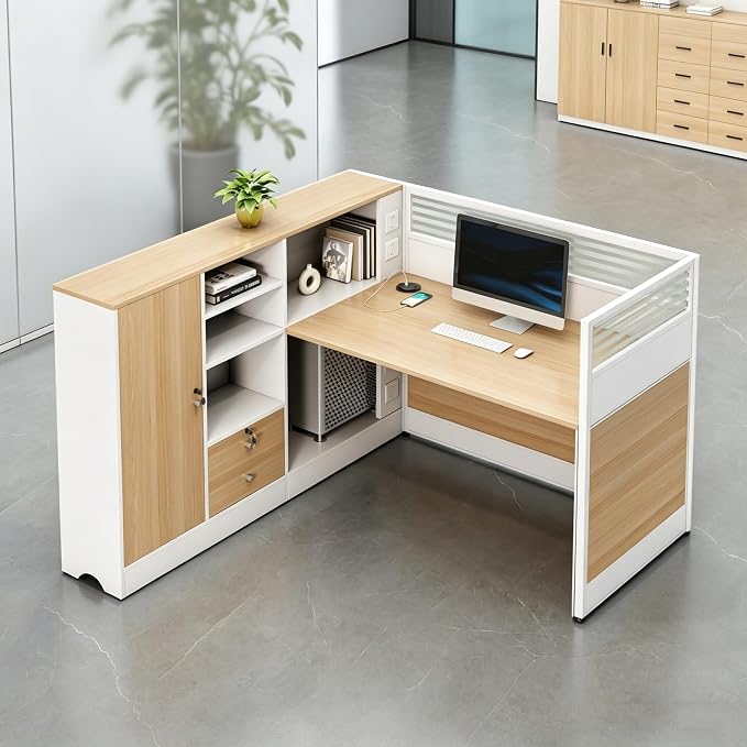 Modern Office Workstation Desk with Side Storage Cabinet, Tempered Glass Privacy Panels, USB Charging Hub & Cable Management, Modular Cubicle Desk for Office Work (D - Left, 1P)