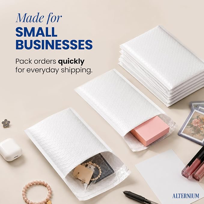 ALTERNIUM Bubble Mailers 4x7 Inch, 100-pack – Small Padded Shipping Envelopes, Self Seal Poly Bubble Mailers, Waterproof Lightweight Mailers for Jewelry, Trading Cards & Small Business - White
