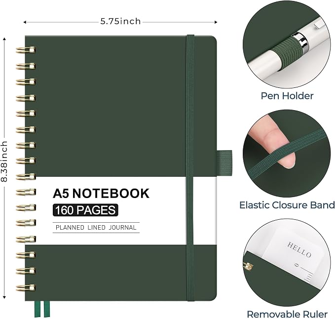 AHGXG Spiral Journal Notebook, 160 Lined Pages, A5 Size (5.7'' x 8.3'') | for Men & Women, Journaling, Writing, Work & Office, Hardcover, 100 GSM Thick Paper (Dark green)