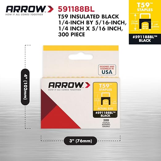 Arrow 591188 Genuine T59 Steel 1/4-Inch by 5/16 Crown Width Insulated Staples for Cable and Wiring, Black, 300 Count
