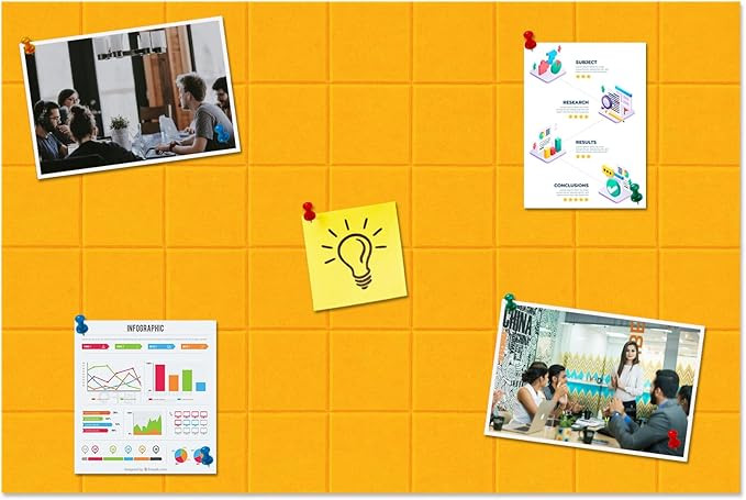 Large Square Felt Cork Board Tiles, Self Adhesive DIY Felt Bulletin Board with 35 Pushpins for Office School Home Wall Decor Stickers Memos (Orange)