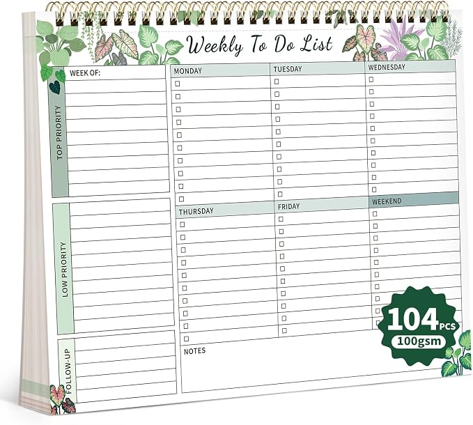 104 Pgs Weekly To Do List Notepad 52 Duplex-Printed Undated Sheets 100 GSM | （8.5"×11") Weekly Desk Planner For Work Home School Office Desk Accessories Supplies & Goal Setting Tasks - Green Foliage