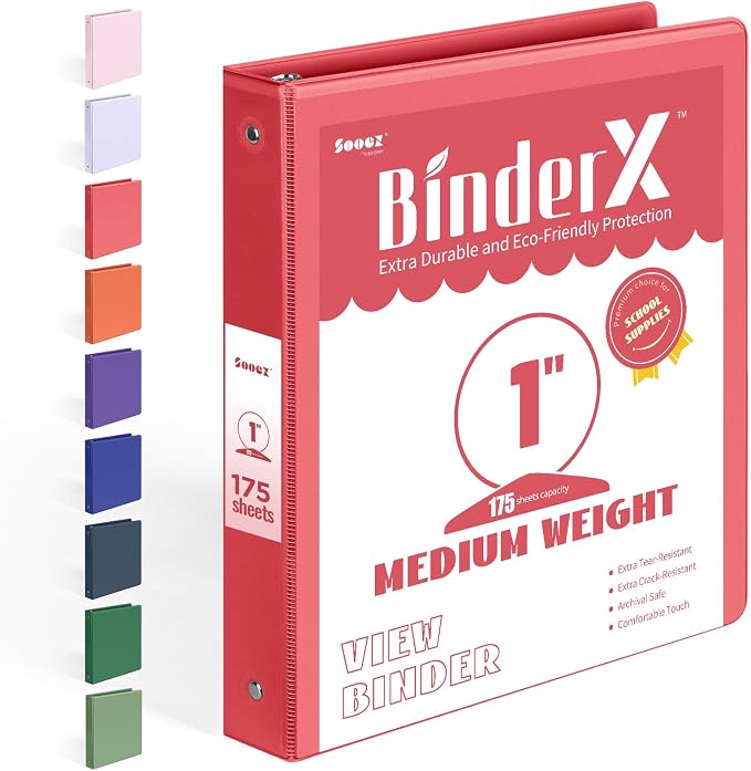 BinderX Extra Durable 3 Ring Binder, Round Rings 1 Inch Binder | Fits 175 Sheets of 8.5x11 Paper, Customizable View Cover with Inside Pockets, Cute 1" Binders, 1 Inch 1 Pack, Red