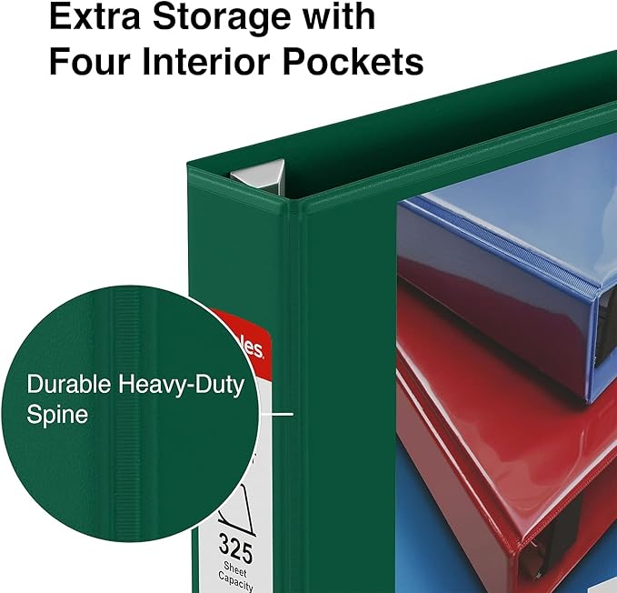 Staples Heavy‑Duty View Binder, 1.5" D‑Ring, Green, Reinforced Spine, Durable 3‑Ring Binder for School, Office & High‑Use Filing