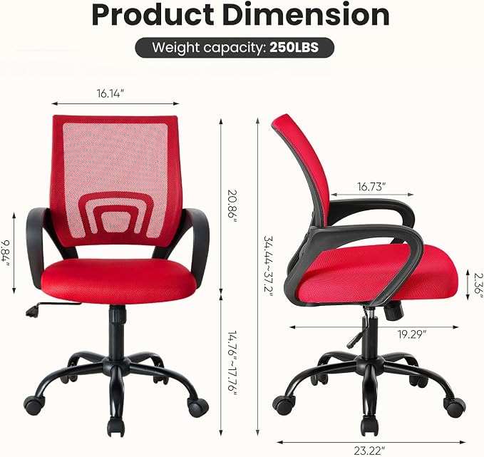 DUMOS Ergonomic Office Chair, Mid-Back Executive Desk Chair 2 Pack | Comfortable Lumbar Support, Breathable Backrest, Fixed Armrest, Height Adjustable, 360° Swivel, Computer Gaming, Red