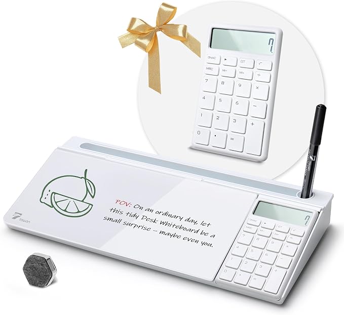 TOWON Glass Desk Whiteboard with Calculator 18x6 in, Desk Organizer, White | Desktop whiteboard with 12-digit LCD calculator. Storage for office, home, school. Glass dry erase with accessories.