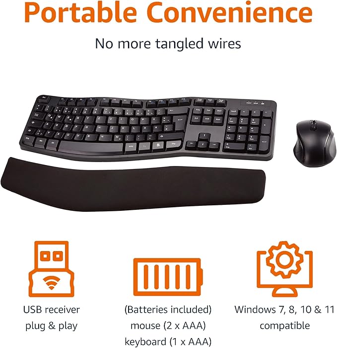 Amazon Basics Ergonomic Wireless Keyboard and Mouse Combo with Wrist Rest, Plug and Play, 2.4 GHz USB, Easy to Use, Black