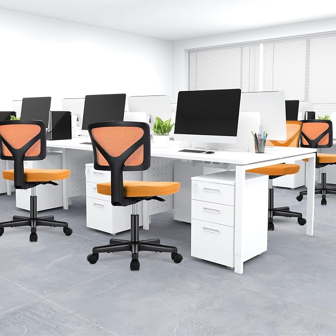 DUMOS Armless Desk Chairs, Small Home Office Mesh Chairs | Ergonomic Adjustable Mid Back, Swivel Rolling Task, Computer Work Vanity Small Spaces, Orange