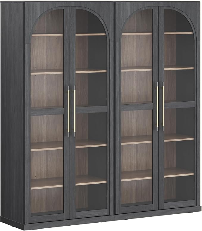 BELLEZE 67" Storage Cabinet Set of 2, 6 Shelf Glass Bookshelf Display Cabinet, Modern Wood Wine Curio Cabinets with 4 Adjustable Shelves, Trophy Display Case for Living Room, Wine, Ebony