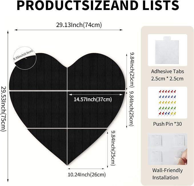 Heart Shaped Felt Bulletin Board 29"x29", 6 Tiles Wall Decor, Black | Photo Display Memo Board for Office Home, Felt Pin Board with Adhesive Tiles and Pins for Notes, Photos and Artwork