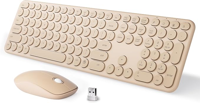 MPTOG Wireless Keyboard and Mouse Combo (Milk-Tea) | Retro Round Typewriter Keys, 2.4G Silent Connection, Ergonomic Aesthetic Desk Set for Home Office, Laptop, PC, Mac