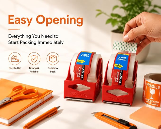 Clear Packing Tape with Dispenser, 2 Pack Shipping Tape Rolls with Cutter | 1.88" x 33 yd Portable Shipping Tape Roll, Easy Cut Packaging Tape for Moving Boxes, Mailing, Storage, Office and Home Use