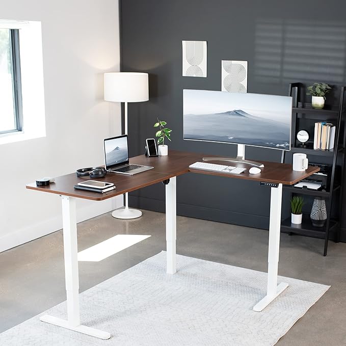 VIVO Corner Standing Desk, 63 x 55 inch Reversible L-Shaped Workstation, Electric Height Adjustment, Home, Office, and Reception Rooms, Dark Walnut Table Top White Frame, DESK-E3CTWD