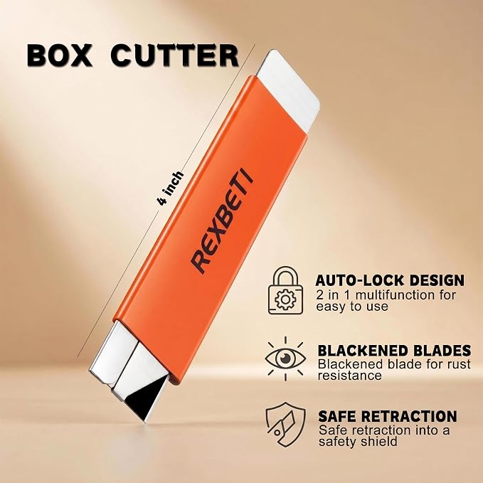 REXBETI 12 Pack Box Cutter, Handy Box Opener, Retractable Utility Knife | All-metal Tough Body & Antirust Blackened Carbon Steel Blades, One-handed Use for Opening Boxes, Packages