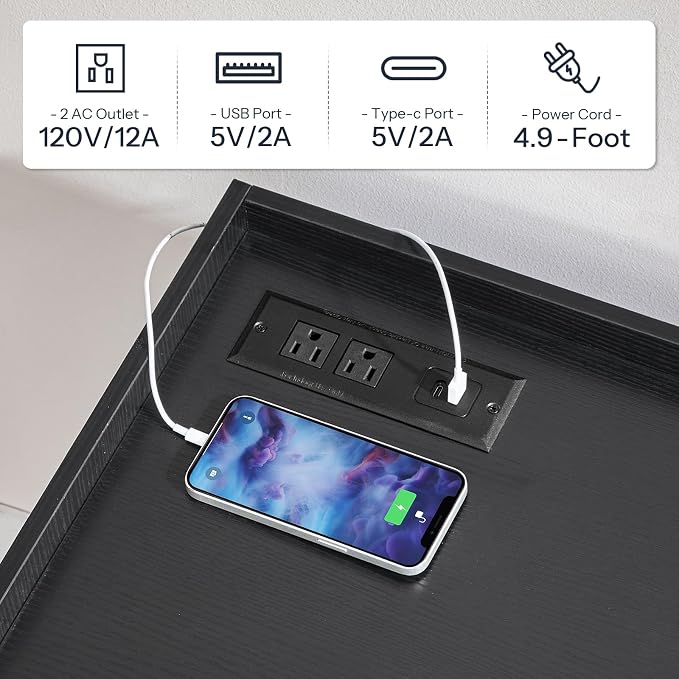 HOOBRO Lateral File Cabinet, Wooden Office Storage Drawers with Charging Station, Filing Cabinet for Home Office, A4/Letter/Legal-Sized Files, Printer Stand with Open Storage Spaces, Black BB37UWJ01