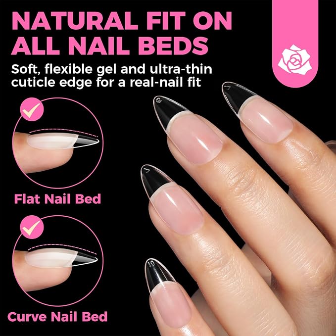 UNA GELLA Almond Gel Nail Tips 504PCS Pre-Etched Clear Fake Nails Tips | Medium Almond Shape 12 Sizes Full Cover Soft Acrylic Press On Nail Extensions No C Curve Gift for Diy at Home