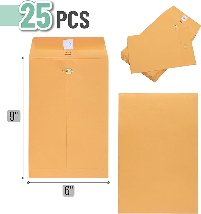 Mr. Pen- Clasp Envelopes, 25 Pack, 6" x 9", Brown Kraft, Brown Envelopes