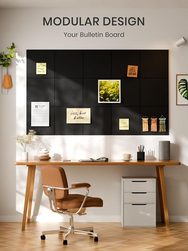 Bumusty 36"x 24" Large Felt Bulletin Board Tiles, Black | 6-Pack Cork Board Alternative, Wall Decor, 30 Pushpins, 30 Adhesive Tabs, Vision Board, Office, Classroom, Home, Dorm