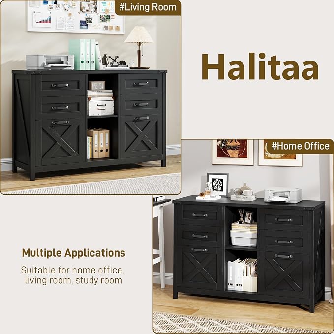Halitaa Farmhouse Lateral File Cabinet with 6 Drawers, Rustic Black | Lateral Filing Cabinet for Letter/A4 Size Hanging File, Wood File Storage Cabinet Printer Stand for Home Office Cabinet