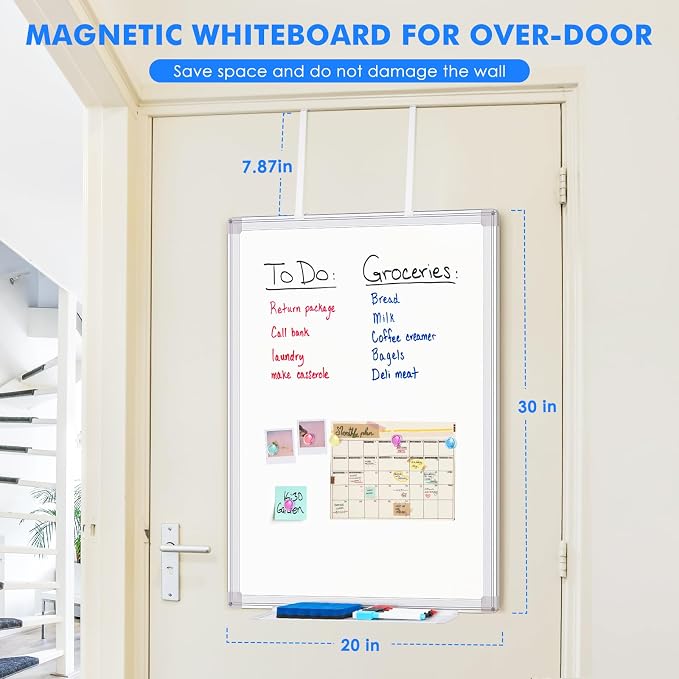 Maxtek Magnetic Dry Erase Board for Door 30 x 20 in | No-Drill Adjustable Long Arm Hook Mount, Portable Hanging Whiteboard For Home, Dorm, Office, Cubicle And Small Spaces