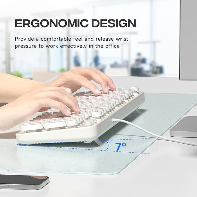 Computer Keyboard Wired, Plug and Play USB Retro Round Typewriter Keyboard, Full Size Wired Keyboard with Foldable Stands for Laptop and Office PC