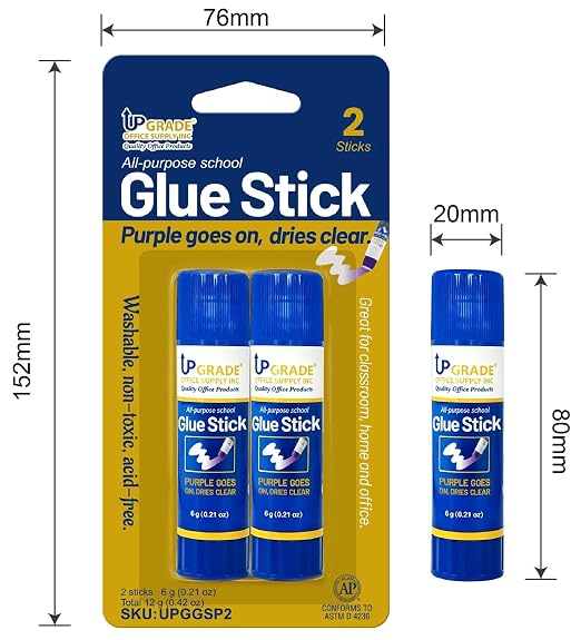 Upgrade Office Supply Glue Sticks, 6g, 2 Count, Purple Goes On Dries Clear | Acid-Free, Washable Non Toxic, for Classroom, Home, Office, Art, Craft and Poster Projects