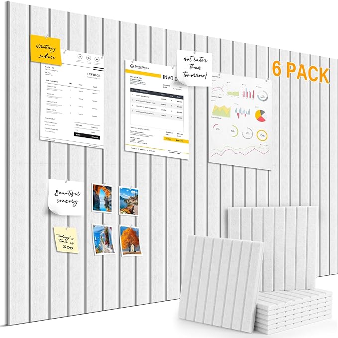 Large Felt Bulletin Board,36"x24" 6 Pack Cork Board Alternative-Milky White | Felt Wall Tiles for Office & Home Decor,Pin Board for Walls with 15 Pcs Pushpins and 40 Adhesive Tabs