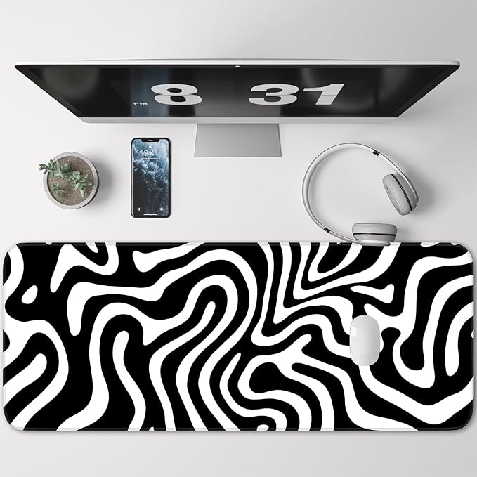Gaming Mouse Pad, Non-Slip Rubber Bottom Stitched Edges, Suitable for Home, Office, Gaming, 31.5x11.8 Inch Large Mouse Pad, Black and White Abstract Waves