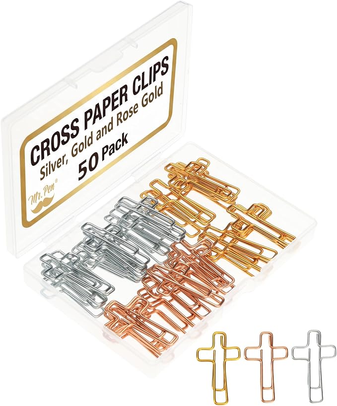 Mr. Pen- Cross Paper Clips Bulk, Gold, Rose Gold & Silver Mix, 50 Pack | Bulk Bible Paper Clips, Bible Study Supplies for Christian Office, Journaling Papers Clip, Christian Journaling Supplies