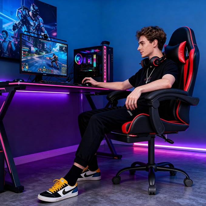 Gaming Chair with Headrest and Lumbar Support, Ergonomic High Back Office Chair, Racing Style Executive Computer Desk Chair, Leather Adjustable Swivel Task Chair for Home Office (Red Black)