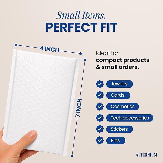 ALTERNIUM Bubble Mailers 4x7 Inch, 100-pack – Small Padded Shipping Envelopes, Self Seal Poly Bubble Mailers, Waterproof Lightweight Mailers for Jewelry, Trading Cards & Small Business - White