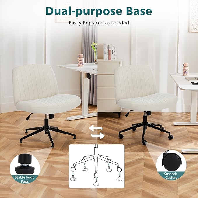 OLIXIS Criss Cross Office Chair, Vanity Chair, Home Office Desk | Wide Seat, Height Adjustable, Comfy Fabric, Armless No Wheels, Bedroom, Study Room, Beige