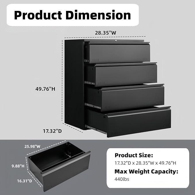 Guizeeopo Metal File Cabinet with Lock, 4 Drawer Lateral File Cabinets for Home Office, Heavy Duty Office Storage Cabinet for A4/Letter/Legal Size, Assembly Required(Black)