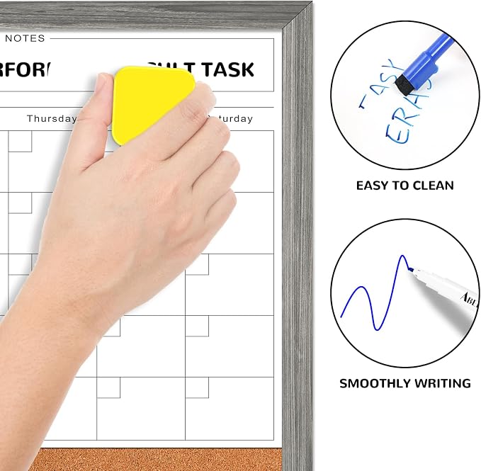 White Board Calendar Dry Erase Board for Wall, Magnetic WhiteBoard, 17"x13" | Hanging Board, Grey Wood Frame White Board and Cork Board Combo, Calendar Bulletin Board for Kitchen Planner Memo Office