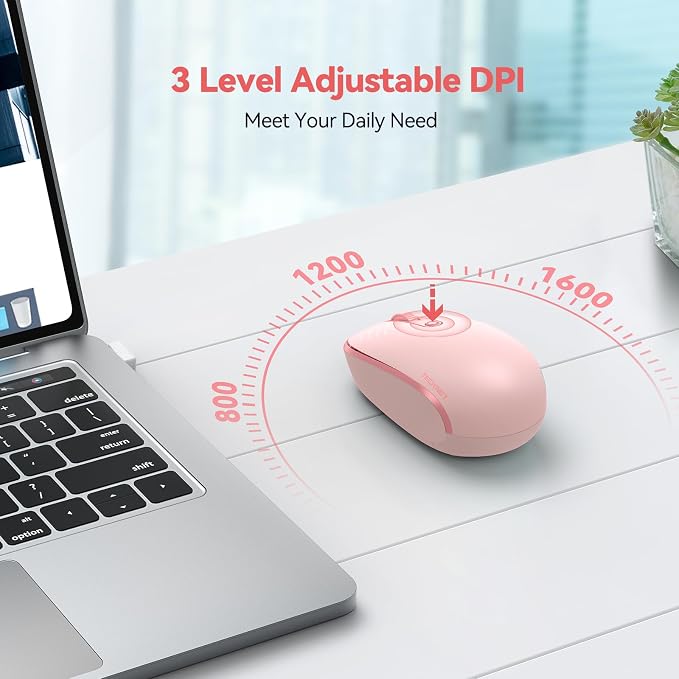 TECKNET Compact Ambidextrous Wireless Mouse for Laptop Pink | 2.4G Quiet Computer Mouse with USB Receiver, 3 Adjustable DPI Portable Cordless Mice for Chromebook, Laptop, PC, Mac