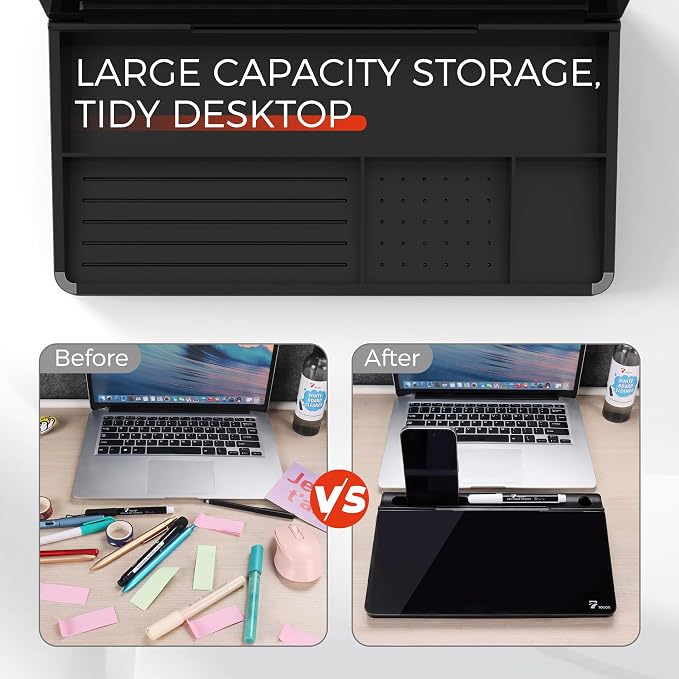 TOWON Compact Glass Desktop Whiteboard with Storage 12x7 in, Black | Dry erase writing surface, 5 markers, eraser and holder included, for the office, home or school desk